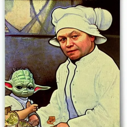 Image similar to baby yoda as a chef wearing a white apron and wearing a white chef's hat, by Jan van Eyck, by alphonse mucha