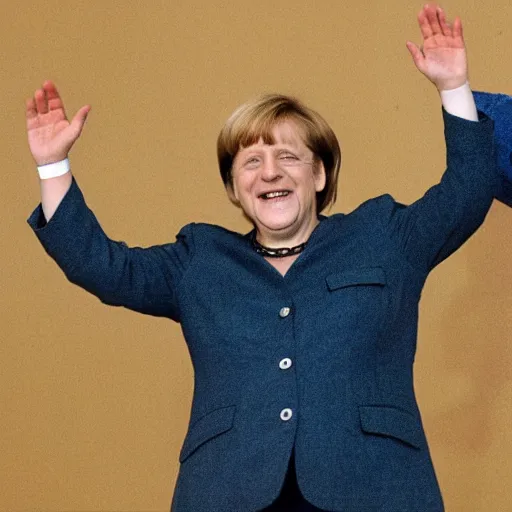 Image similar to angela merkel, laughing hysterically while doing the nazi salute, in the style of studio ghibli