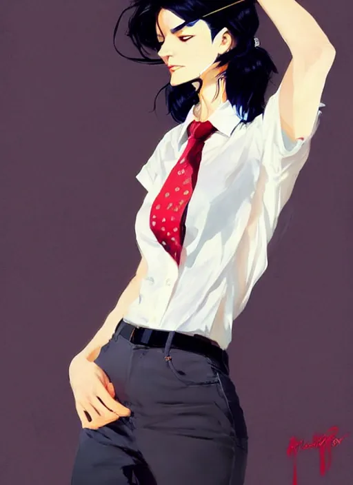 Image similar to a ultradetailed beautiful panting of a stylish woman wearing a shirt with a tie, she has black hair, dancing, by conrad roset, greg rutkowski and makoto shinkai, jesper ejsing, rhads, makoto shinkaitrending on artstation