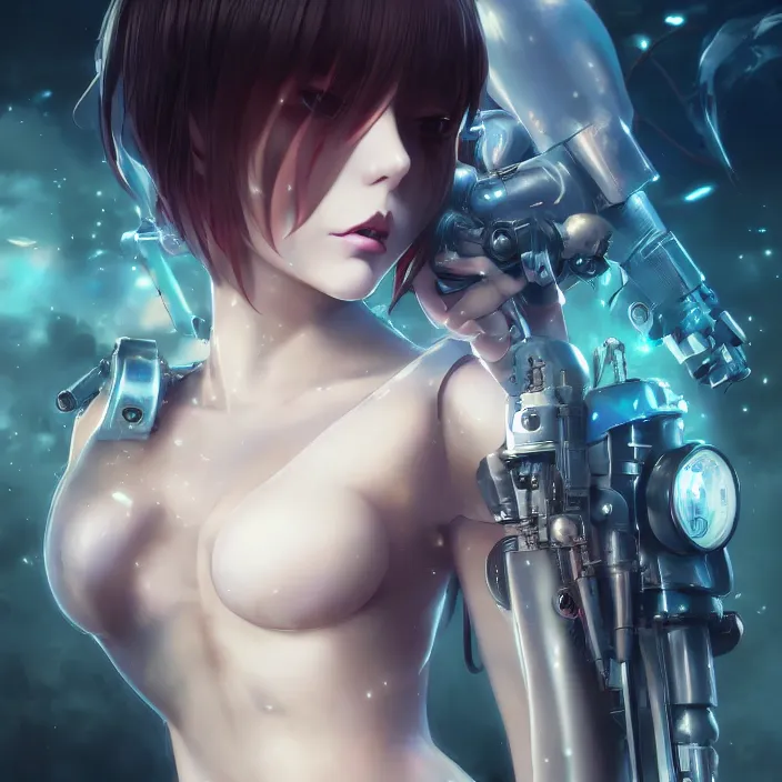 Image similar to beautiful anime girl cyborg looking surreal - by tom bagshaw, by ilya kuvshinov, rtx rendering, octane render 1 2 8 k, maya, extreme high intricate details by wlop, digital anime art by ross tran, medium shot, close up shot, composition by sana takeda, dramatic lighting by greg rutkowski, 8 k, trending on artstation