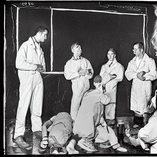 Prompt: A photograph that documents a group of amazed scientists standing around a campfire on the floor of a laboratory. In the background there is a chalkboard with calculations and drawings of fire. F/8, archival photo, room lighting