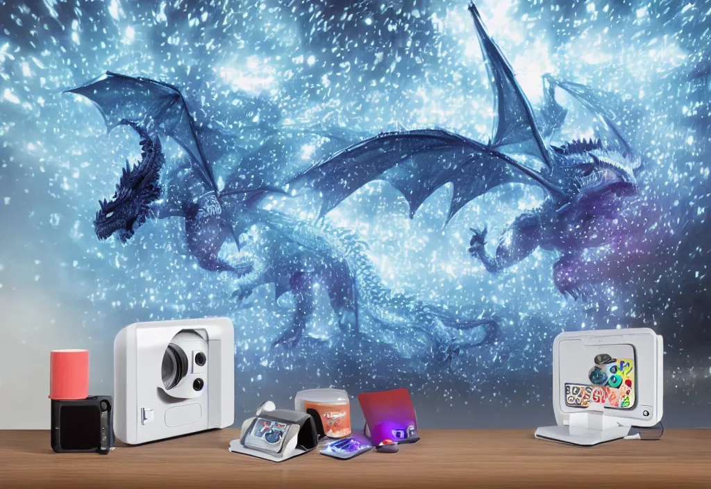 Prompt: 3 d dragon popping out of curved projection wall, volumetric lighting, bedroom, visor, users, pair of keycards on table, bokeh, creterion collection, shot on 7 0 mm, instax