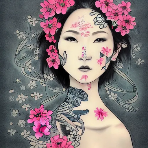 Image similar to tattoo design, stencil, traditional Japanese, beautiful portrait of a girl surrounded by flowers by artgerm, artgerm, digital art