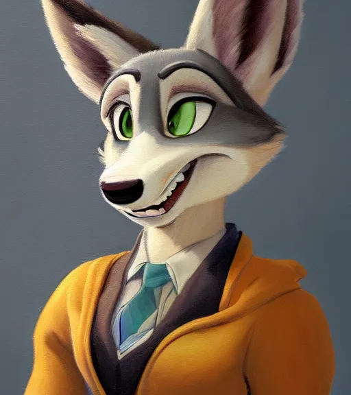 Image similar to oil painting of full body of anthromorphic female wolf, in style of zootopia, zootopia, zootopia, fursona, furry, furaffinity, 4 k, deviantart, furry art, fursona art, wearing black business suit, business suit, in style of zootopia, wolf fursona, cyberpunk, female, expressive detailed feminine face,