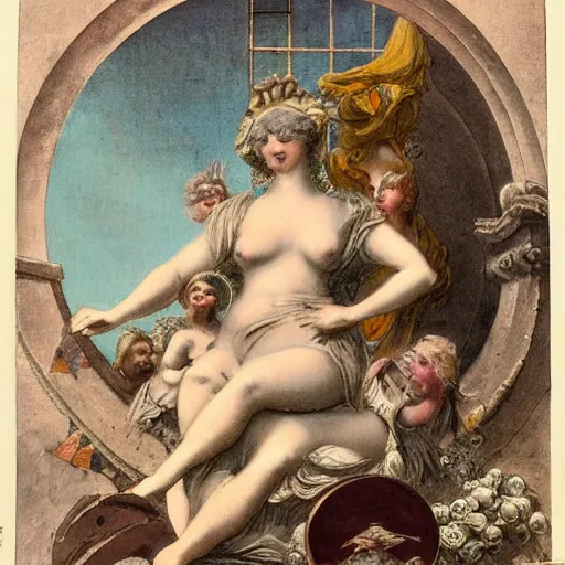 Image similar to The street art shows Venus seated on a crescent moon. She is surrounded by the goddesses Ceres and Bacchus, who are both holding cornucopias. patina, Hanna Barbera by Louis Icart, by Giovanni Battista Piranesi turbulent