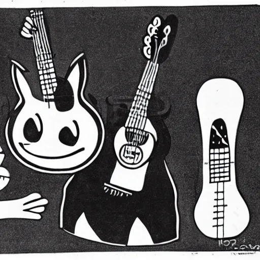 Prompt: cat playing guitar, rubber hose, felix the cat, pie eyes, 1 9 3 0 s, bw