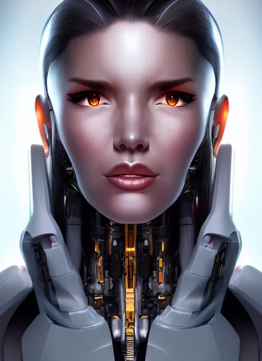 Image similar to portrait of a cyborg woman by Artgerm, (((((face turns left))))) face turns right, open eyes , biomechanical, hyper detailled, trending on artstation