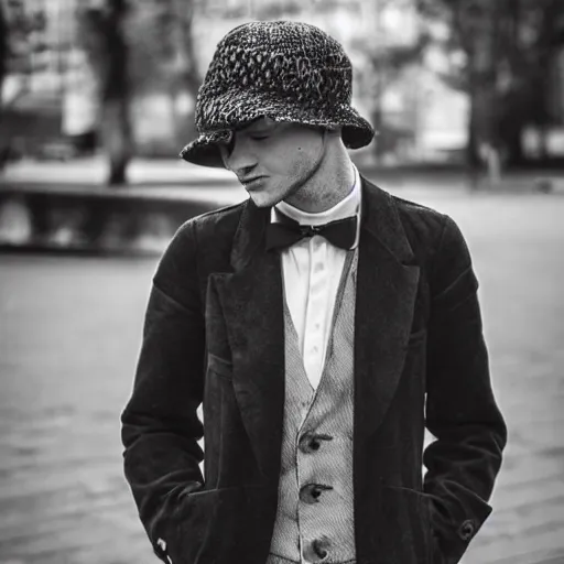 Image similar to A male German street fashion blogger from Berlin in the nineteen-twenties, highly detailed photo full shot, instagram post