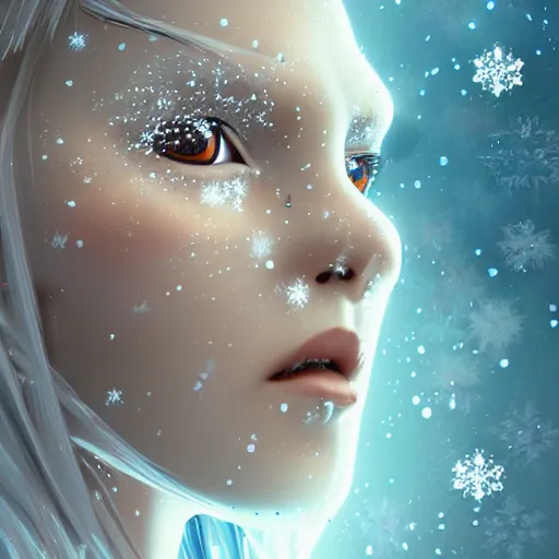 Prompt: pretty snowflakes morphing coalescing into face. artstation award cgsociety