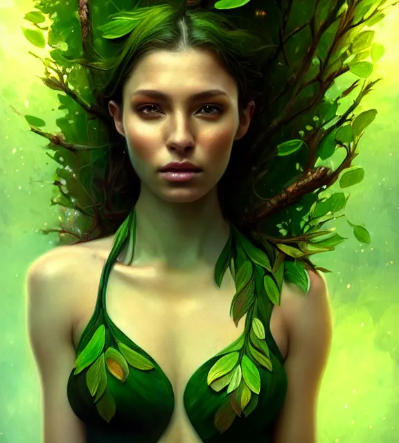 Image similar to beautiful female tree with bark skin wearing green leaf halter top, perfect face, dark green leaf hair, with abs, cinematic, blush, stunning, elegant, highly detailed, psychedelic, digital painting, artstation, smooth, hard focus, illustration, art by jessica rossier and and brian froud