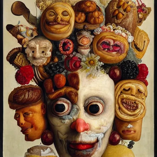 Prompt: a head made out of pastries and cakes by giuseppe arcimboldo, oil on canvas