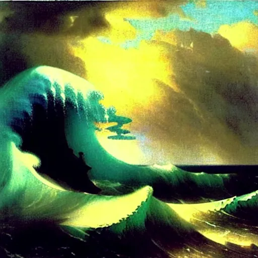 Prompt: huge ocean wave destroys numenor, by aivazovsky