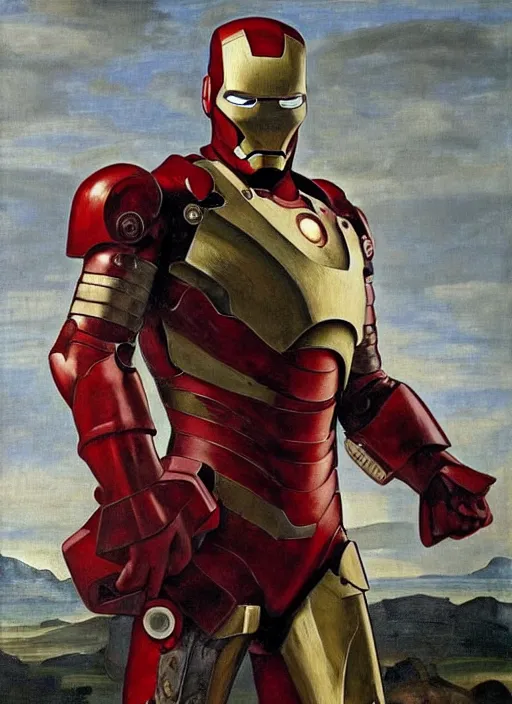 Image similar to a ironman in ancient suit, with his suit as war armor, in the style of a renaissance painting, insane detail, chiaroscuro oil painting, jan matejko, caravaggio, jan van eyck, gustave courbet, edward hopper, trending on artstation, artgerm