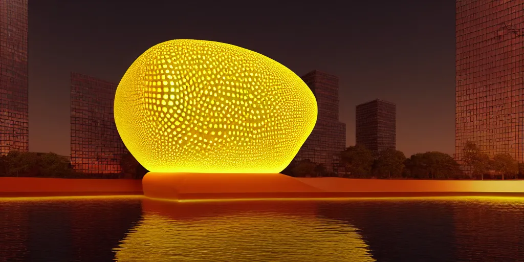 Image similar to An epic architectural rendering of a blob shaped trypophobia house with a mysterious red and yellow glow emitting from inside in a modern cityscape next to a river, stunning, gorgeous, golden ratio, photorealistic, featured on artstation, 4k resolution