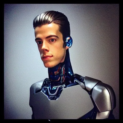 Image similar to “a realistic detailed photo of a guy who is an attractive humanoid who is half robot and half humanoid, who is a male android, actor Grant Gustin, shiny skin, posing like a statue, blank stare, at the museum, on display”