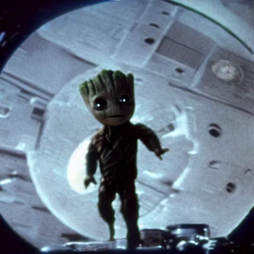 Image similar to Film still of Baby Groot walking around on the Death star, from Star Wars (1977)