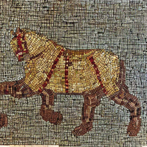 Image similar to a large teddy bear wearing chainmail, on a horse byzantine mosaic