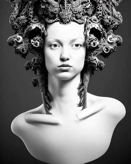Image similar to dark background, a black and white high quality dreamy photo of a young beautiful female queen-dragon-vegetal-cyborg bust with a very long neck and delicate Mandelbrot fractal face, elegant, highly detailed, flesh highly baroque ornate, hair are curled wired cables, elegant, poetic, soft, dreamy, mysterious, high fashion, rim light, in the style of Ellen von Unwerth, Realistic, Refined, Digital Art, Highly Detailed, Cinematic Lighting, rim light, black and white, photo-realistic, 8K