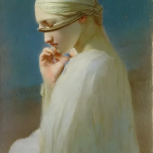 Prompt: a young woman’s face, her hair is white, her eyes are covered with a flowing blue satin blindfold, by ivan aivazovsky and alma tadema and and willen claesz heda and aelbert cuyp and gerard ter borch