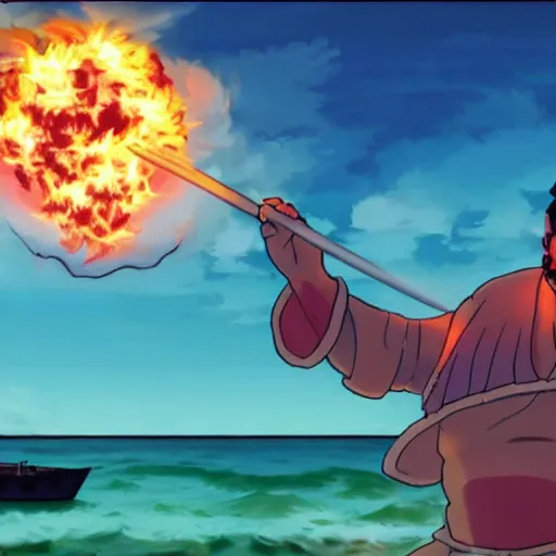 Prompt: admiral fujitora summoning a meteor at jova beach party to incinerate the attenders