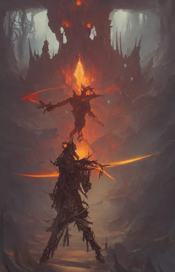 Prompt: the fire thief with sword, dark, peter mohrbacher, hypermaximalist, cinematic, symmetrical, concept art, unreal engine, environment, sharp