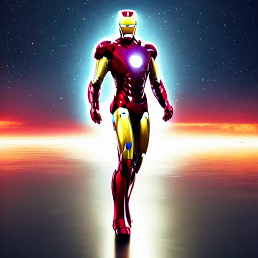 Image similar to A still of Iron Man somewhere in the universe, Cinematic, Space, Galaxy, 8K, highly detailed, reflection, Neon, epic,