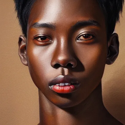 Image similar to A portrait of a skinny trendy and gorgeous non-binary person, dark skin tone, Asian, oil painting, majestic, detailed, high resolution