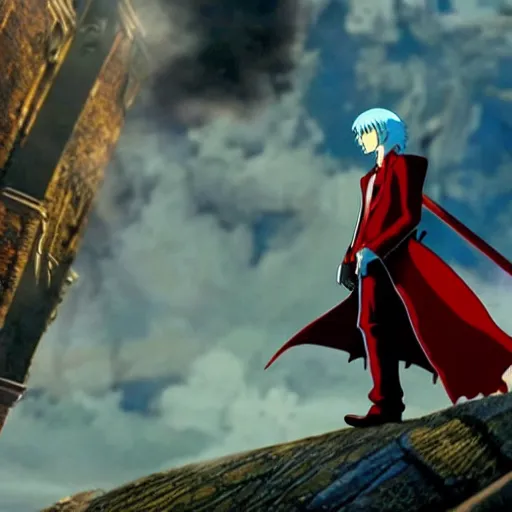 Image similar to a shot of dante from devil may cry in howl's moving castle movie, movie shot, anime, hightly detailed, rescalated 4 k, detailed