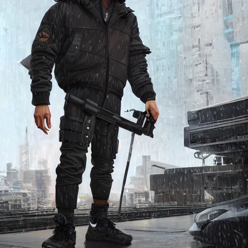 Prompt: A broad shouldered, muscular man wearing Acronym p-31 Ds pants and beige-earth Parka jacket and Nike Acronym presto sneakers, rooftop, sniper rifle stationed in background, Police sirens shining in far background, trending on r/techwearclothing, high quality, digital art, dirty cyberpunk city, rain, greg rutkowski