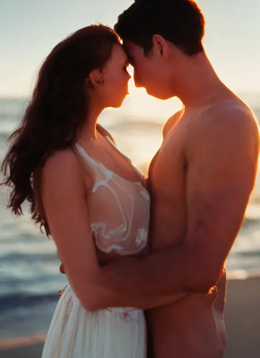 Image similar to A hyper realistic and detailed photography of a couple kissing from movie Here to Eternity on beach. by David Dubnitskiy. Cinematic. Golden Hour. Kodak Portra 400. Lens flare. 35mm lens