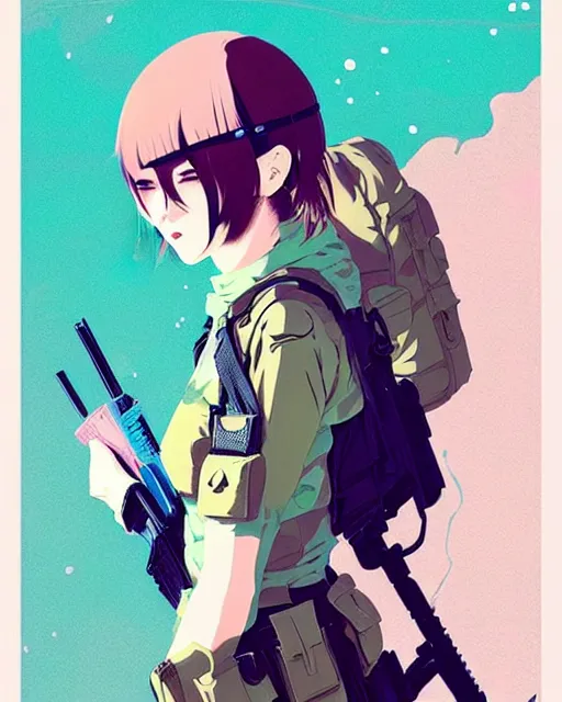 Image similar to girl with tactical gear, very anime!!! anime!! intricate details, aesthetically pleasing pastel colors, poster background, aesthetic details, art by conrad roset and ilya kuvshinov