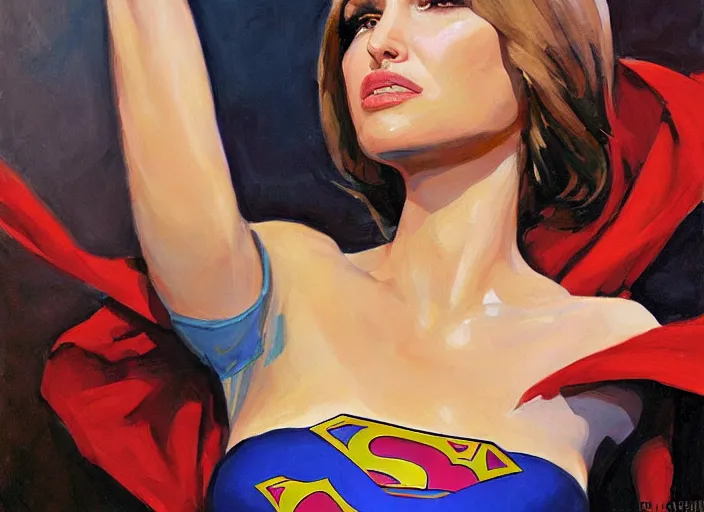 Prompt: a highly detailed beautiful portrait of natalie portman as supergirl, by gregory manchess, james gurney, james jean