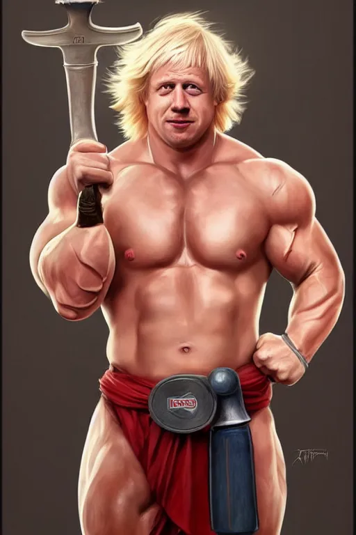 Image similar to Boris Johnson as Thor bodybuilder with hammer, Boris Johnson hairstyle, full body realistic portrait, highly detailed, muscular body, digital painting, artstation, concept art, smooth, sharp focus, illustration, cinematic lighting, art by artgerm and greg rutkowski and alphonse mucha