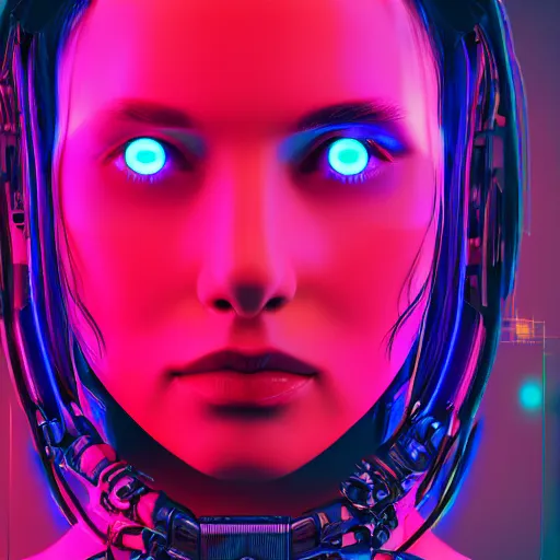 Prompt: digital artwork of woman wearing technological neon collar, cyberpunk art style, 4K, portrait,