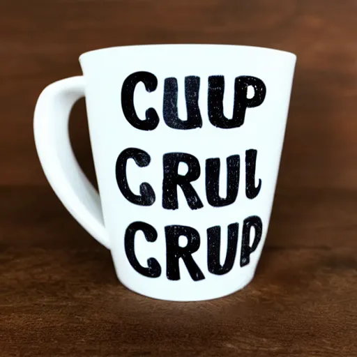 Prompt: a cup with the word'crumb'on it