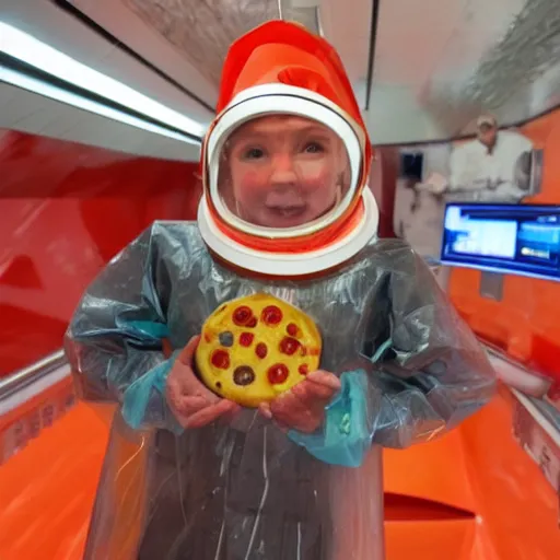 Prompt: a pizza dresses in a rain coat about to take a space train to mars