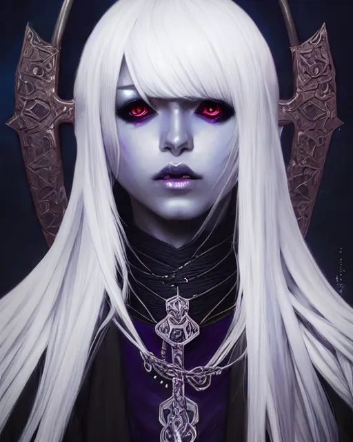 Image similar to portrait of an anime female drow necromancer, hd, illustration, epic, d & d, fantasy, intricate, elegant, highly detailed, digital painting, artstation, concept art, smooth, sharp focus, illustration, art by artgerm and greg rutkowski and alphonse mucha, monster hunter illustrations art book