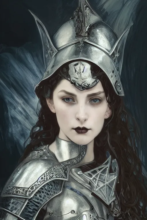 Image similar to beautiful luxury and evil and victorian and supernatural young female medieval white armor knight portrait+smoky eyes+front face with light flowing hair, ultradetail face, ruined gothic cathedral, art and illustration by tian zi and craig mullins and WLOP and alphonse mucha, ssci-fi, fantasy, intricate complexity, human structure, hypermaximalist, fantasy character concept, dynamic lighting, neon light, watermark, blurry, hyperrealism 8k