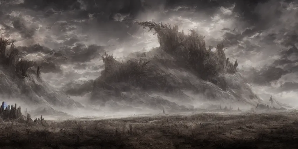 Image similar to barren landscape, apocalyptic fantasy, mmo, digital art, 4 k