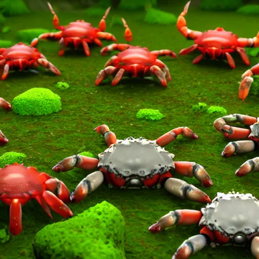 Image similar to large group of crabs and worms, crawling along a bed of moss, low poly, creeper world, handcrafted, artstation, hyperrealistic, hard light, best practices, creeptastic, photorealism, macro perspective, cuddly, Voidless of the Festival!