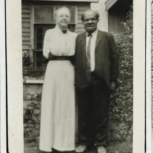 Image similar to a vintage photo of an old man and woman in front of an old house