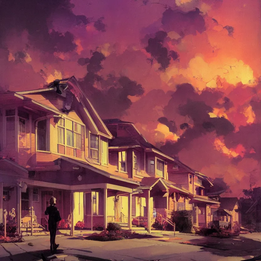 Image similar to a suburban neighborhood with deep pink, purple, and orange glowing clouds. misty atmosphere. highly detailed science fiction painting by norman rockwell, frank frazetta, and syd mead. rich colors, high contrast, gloomy atmosphere, dark background. trending on artstation.