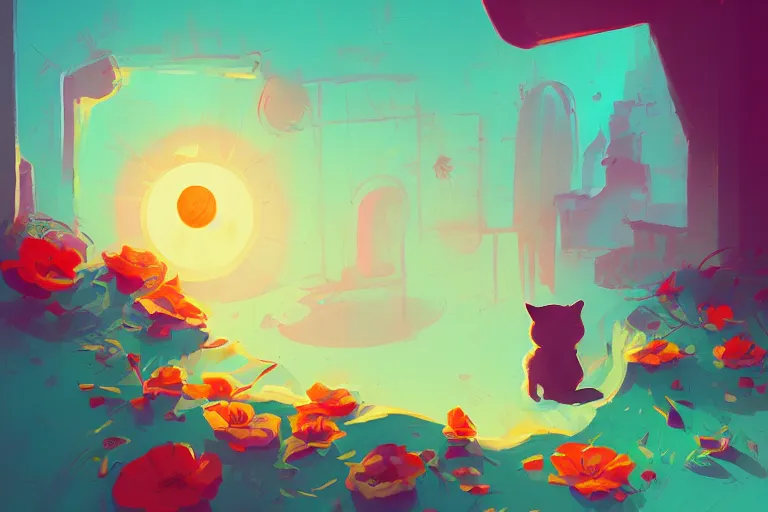 Prompt: a cat is sleeping in the room with flowers around in the afternoon, the sun shines in, by anton fadeev