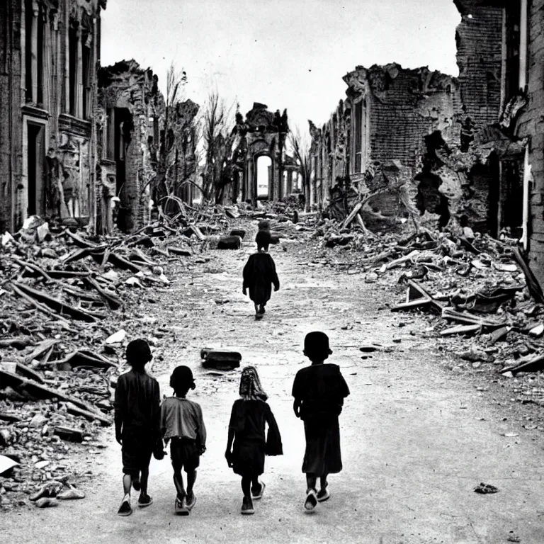 Prompt: homeless children walk through the ruins of the city, scary photo in color