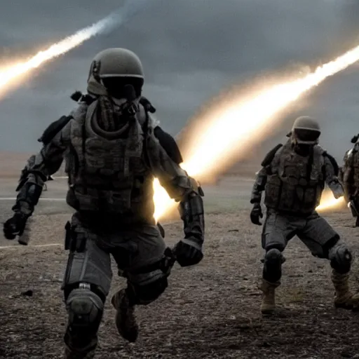 Image similar to Special Forces in grey uniform with black body armor under artillery fire in 2022, photo by Adam Ferguson, Pulitzer Winning, cinematic composition, breathtaking, modern, 2022