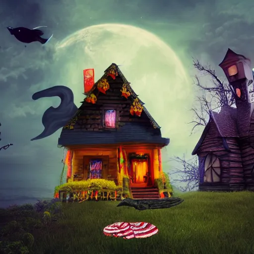 Image similar to a scary witch in front of a witche house made out of candy, floating on the ocean, epic scene, fantasy, cinematic, redshift render, cgi, hyper - detailed, photo - bash, 8 k post - production, masterpiece