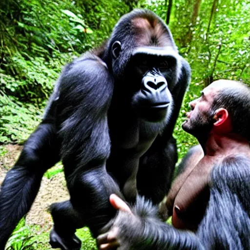 Prompt: joe rogan wrestling a gorilla in the dmt forest - n 6
