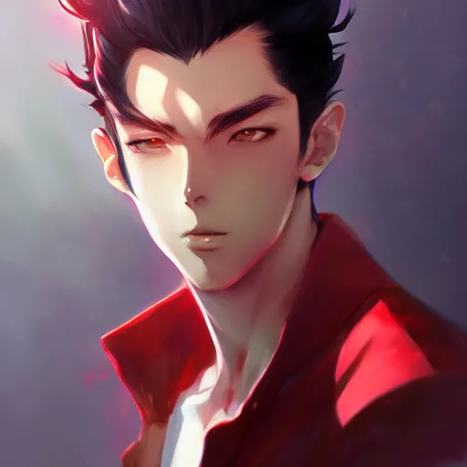 Image similar to anime portrait of a slick black hair guy with red eyes by stanley artgerm lau, wlop, rossdraws, james jean, andrei riabovitchev, marc simonetti, and sakimichan, trending on artstation