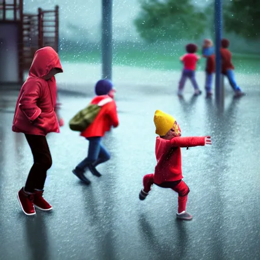 Image similar to kids playing at playground in the middle of rainy day. photorealistic, hyperrealistic, cinematic, artstation, octane render, unreal, 8 k
