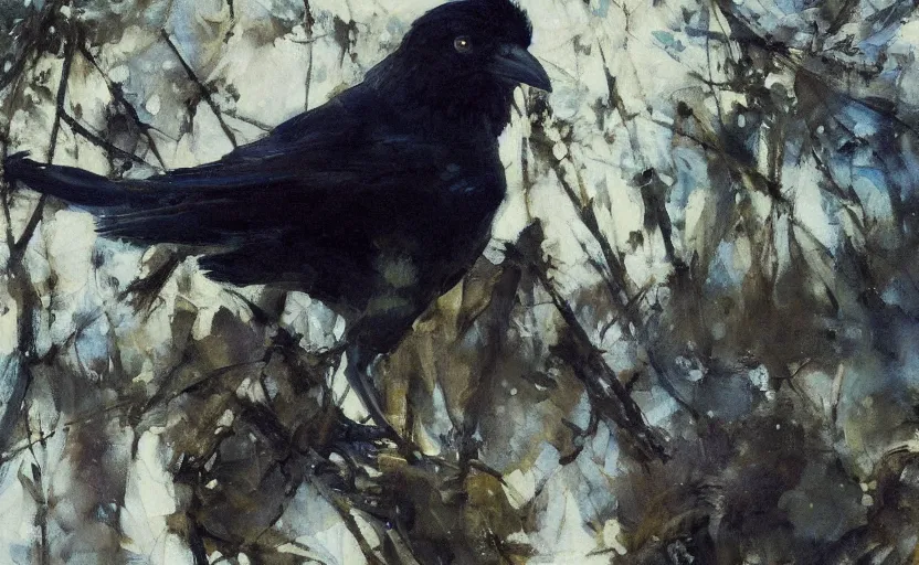 Image similar to oil painting by anders zorn, closeup crow in forest, very very very very beautiful art, dramatic light, strong shadows, shiny blue black feathers